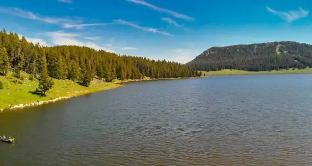 Photo of Aerial view of Tensleep Reservoir Lake in Wyoming during summer season