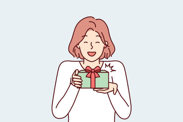 istock Happy woman holding gift box rejoicing in birthday or Christmas surprise received. Vector image 1446633432