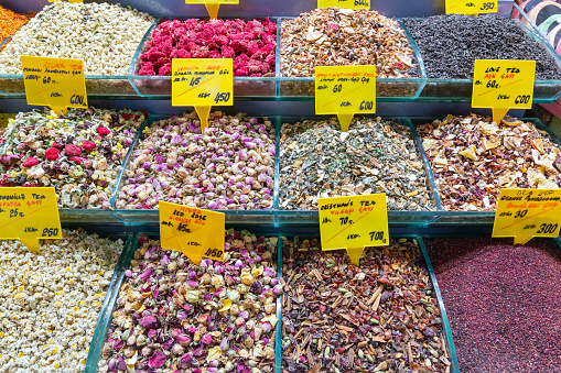 Spices and teas sell on the Grand Bazar market in Istanbul