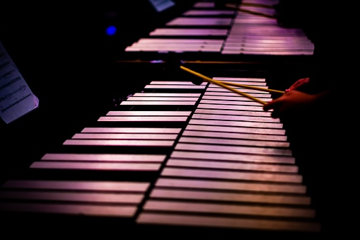 A beautiful shot of hands of a musician playing the marimba