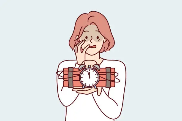 Vector illustration of Frightened woman holds bomb with clockwork and does not know how to stop explosion. Vector image