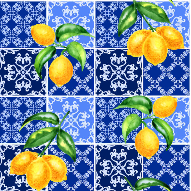 地中海のシームレスなパターン。無限の背景に青いマジョリカタイルと黄色のレモン。布地と壁紙用のシチリアの伝統的なプリント。青いアズレージョ。 - majolica点のイラスト素材／クリップアート素材／マンガ素材／アイコン素材