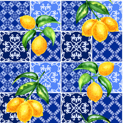 Mediterranean seamless pattern. Blue majolica tiles and yellow lemons endless background. Sicilian traditional print for fabric and wallpaper. Blue azulejo.
