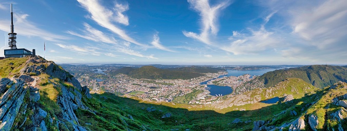 The panoramic view of Bergen city and the sea under the blue sky on a sunny day