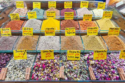 Various teas and spices at Grand Bazaar in Istanbul, Turkey