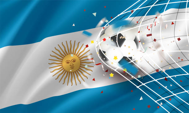 stockillustraties, clipart, cartoons en iconen met the ball in the soccer net. goal vector concept with flag of argentina. 3d vector banner with blur effect - argentina fans world cup