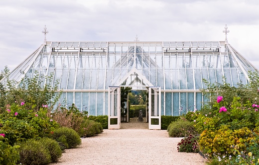 The elegant Victorian greenhouse at Eythrope Gardens on the Waddesdon Manor estate
