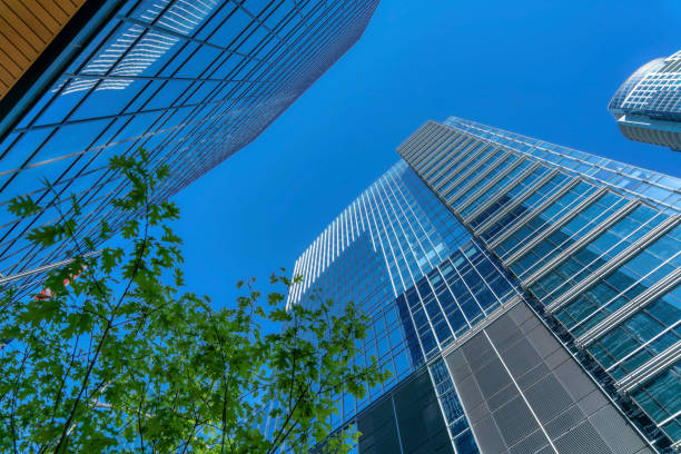 istock Looking up at apartments exterior with glass windows reflecting the blue sky 1446637355
