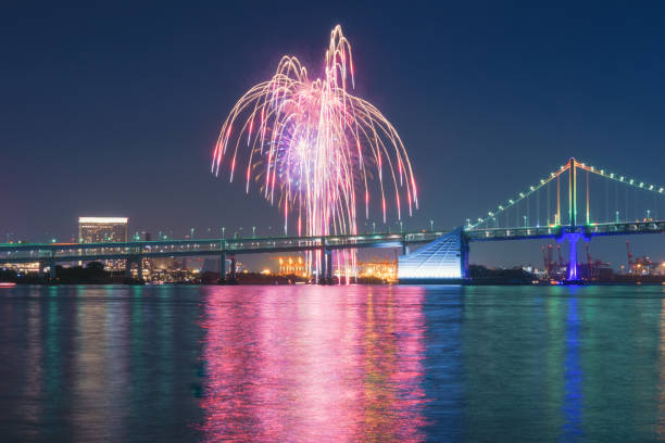 istock Rainbow-Bridge and Fireworks from Haumi Pier, Tokyo 1446640910