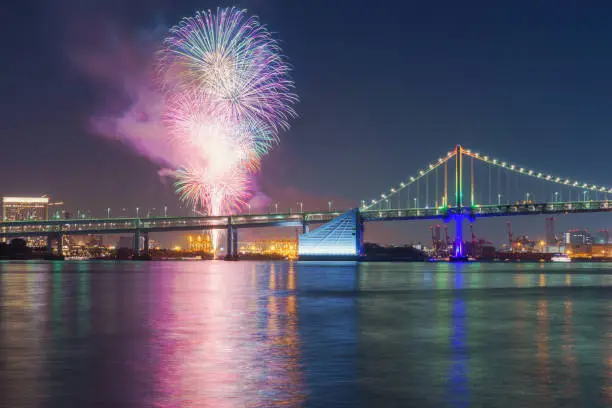 View of Rainbow-Bridge and ”Odaiba Rainbow Fireworks” from Haumi Pier, Tokyo, Japan