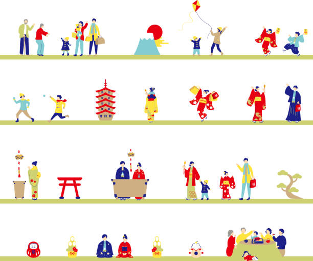 illustrations, cliparts, dessins animés et icônes de illustration de décor de kimonos du nouvel an japonais - hatsumode