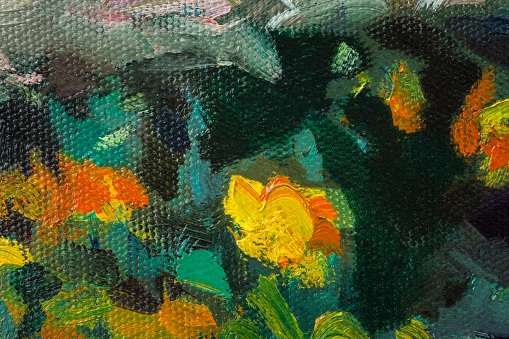 Abstract flowers oil painting. Summer evening floral background. Yellow and purple asters bloom in the garden. Author's illustration with oil paints on canvas. Unusual bright contrasting pattern.