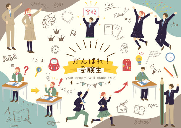 set illustration of studying students for entrance examination and study icons set illustration of studying students for entrance examination and study icons state school stock illustrations