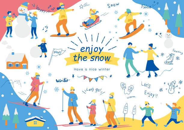 ilustrações de stock, clip art, desenhos animados e ícones de set illustration of people enjoying winter sports - winter men joy leisure activity