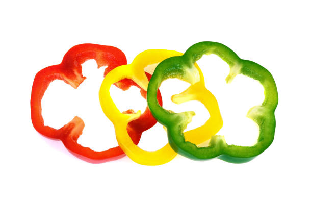 istock Sliced red, yellow, green bell pepper isolated on white background 1446645680