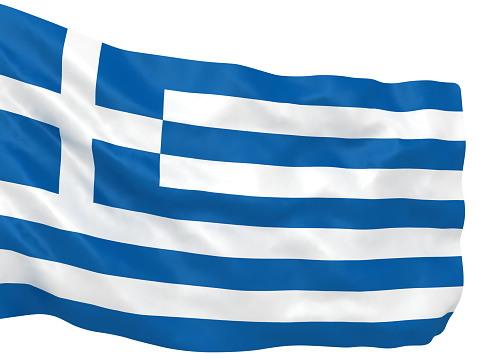 National flags of Greece waving in the wind with flag of the European Union. 3d illustration render. Selective focus. Rippling fabric