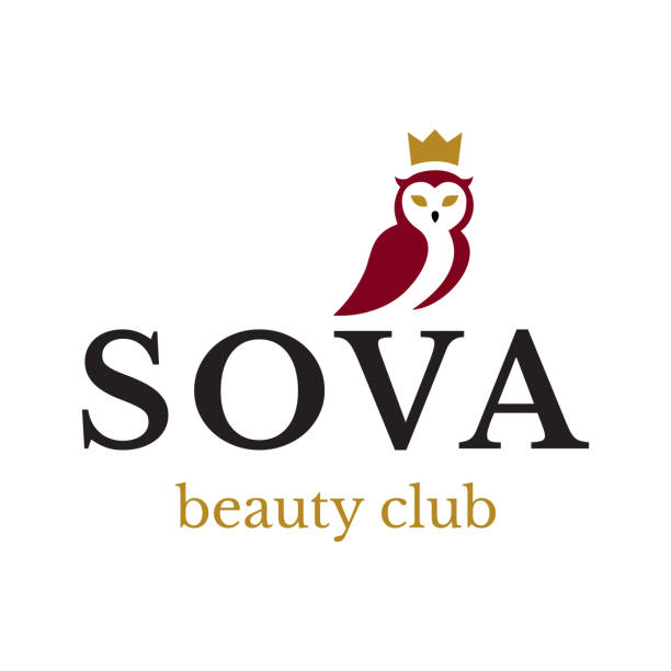 Stylish symbol with an owl in a crown. Sova is in russian - owl. symbol template for Beauty industry. Vector symbol, icon, mascot, illustration for beauty salon, women's club, hotel, restaurant, cafe. Stylish symbol with an owl in a crown. Sova is in russian - owl. symbol template for Beauty industry. red crown logo stock illustrations