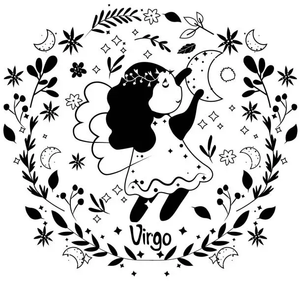 Vector illustration of Black and white Virgo Zodiac in a colorful wreath of leaves and flowers around. Cute Virgo perfect for posters, logo, cards. Astrological Virgo zodiac. Vector illustration.