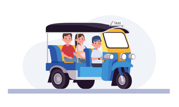 ilustrações de stock, clip art, desenhos animados e ícones de driver and passenger of a three-wheeled tuk-tuk - jinrikisha thailand tuk transportation