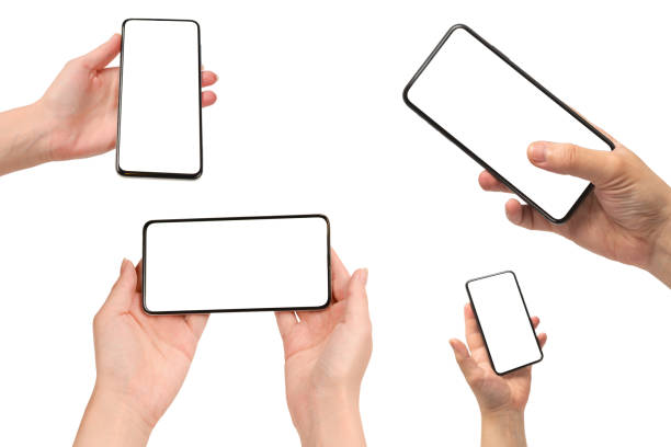 istock Smart phone in woman hands isolated on white background.  White screen. Copy space. 1446650469