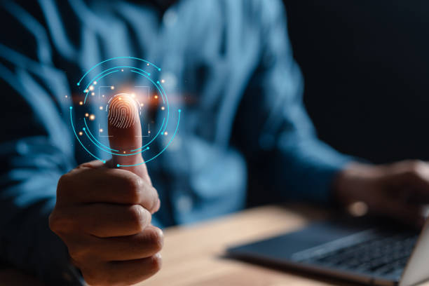 istock Futuristic digital processing of biometric identification fingerprint scanner. concept of surveillance and security scanning of digital programs cyber futuristic applications 1446651362