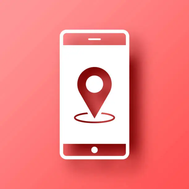 Vector illustration of Smartphone with location pin. Icon on Red background with shadow