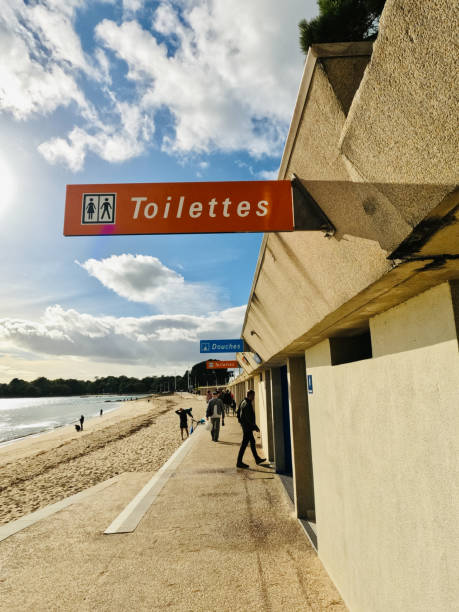 public toilets on the beautiful bathing beach of Benodet in Brittany stock photo