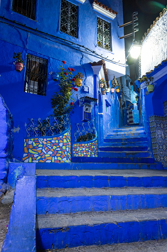 Iconic blue-washed buildings in old town of Chefchaouen, Morocco, North Africa.