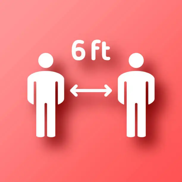 Vector illustration of Social distancing - 6 feet. Icon on Red background with shadow