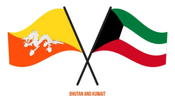 Vector illustration of Bhutan and Kuwait Flags Crossed And Waving Flat Style. Official Proportion. Correct Colors.