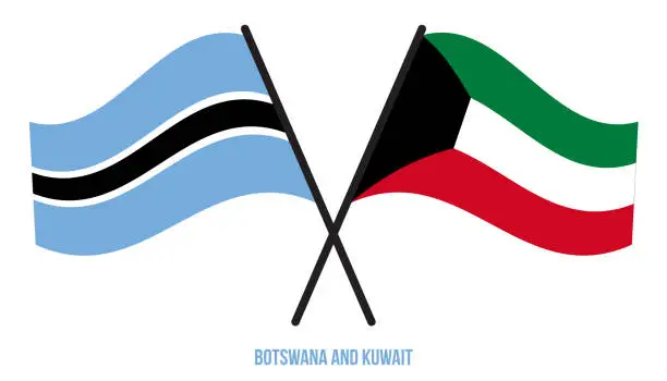 Vector illustration of Botswana and Kuwait Flags Crossed And Waving Flat Style. Official Proportion. Correct Colors.