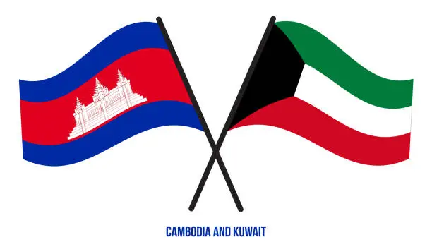 Vector illustration of Cambodia and Kuwait Flags Crossed And Waving Flat Style. Official Proportion. Correct Colors.