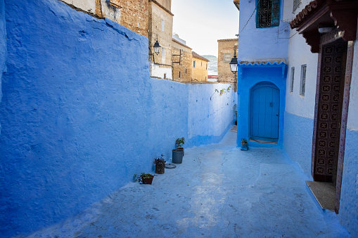 Iconic blue-washed buildings in old town of Chefchaouen, Morocco, North Africa.