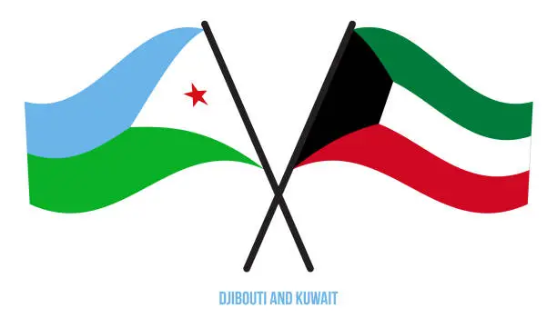 Vector illustration of Djibouti and Kuwait Flags Crossed And Waving Flat Style. Official Proportion. Correct Colors.