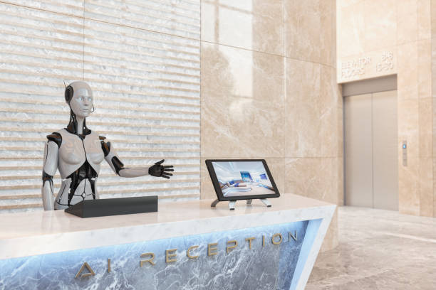 Smart Robot Assistant On Reception Robot assistant on modern hotel / office reception. hotel reception hotel business lobby stock pictures, royalty-free photos & images