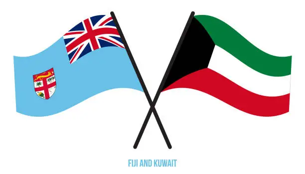 Vector illustration of Fiji and Kuwait Flags Crossed And Waving Flat Style. Official Proportion. Correct Colors.