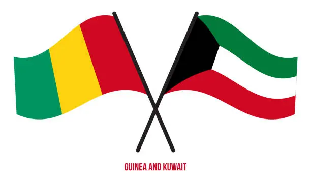 Vector illustration of Guinea and Kuwait Flags Crossed And Waving Flat Style. Official Proportion. Correct Colors.