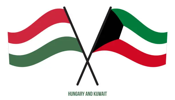 Vector illustration of Hungary and Kuwait Flags Crossed And Waving Flat Style. Official Proportion. Correct Colors.