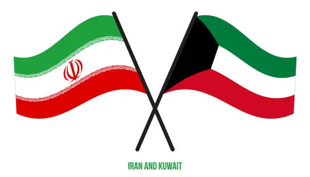 Vector illustration of Iran and Kuwait Flags Crossed And Waving Flat Style. Official Proportion. Correct Colors.