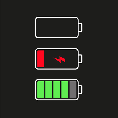 Battery icons. Charging level batteries charge indicator, rechargeable levels