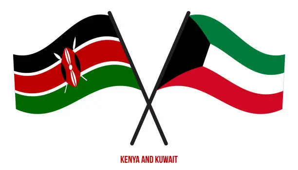 Vector illustration of Kenya and Kuwait Flags Crossed And Waving Flat Style. Official Proportion. Correct Colors.