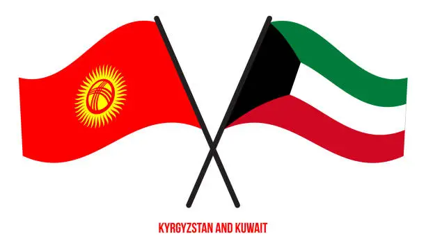 Vector illustration of Kyrgyzstan and Kuwait Flags Crossed And Waving Flat Style. Official Proportion. Correct Colors.