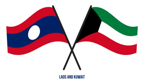 Vector illustration of Laos and Kuwait Flags Crossed And Waving Flat Style. Official Proportion. Correct Colors.