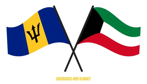 Vector illustration of Barbados and Kuwait Flags Crossed And Waving Flat Style. Official Proportion. Correct Colors.