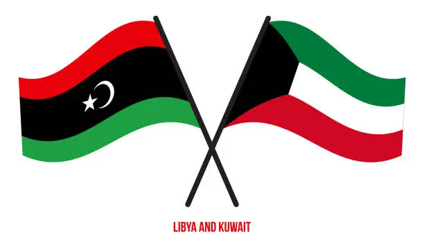 Vector illustration of Libya and Kuwait Flags Crossed And Waving Flat Style. Official Proportion. Correct Colors.