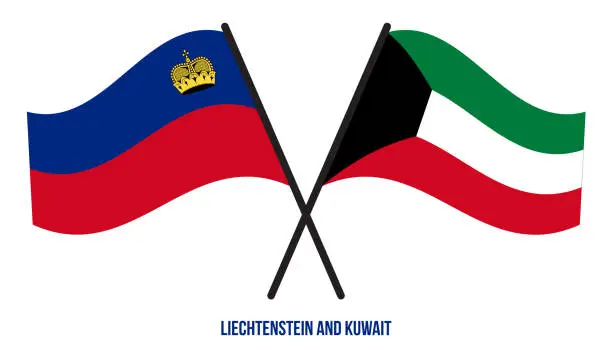 Vector illustration of Liechtenstein and Kuwait Flags Crossed And Waving Flat Style. Official Proportion. Correct Colors.
