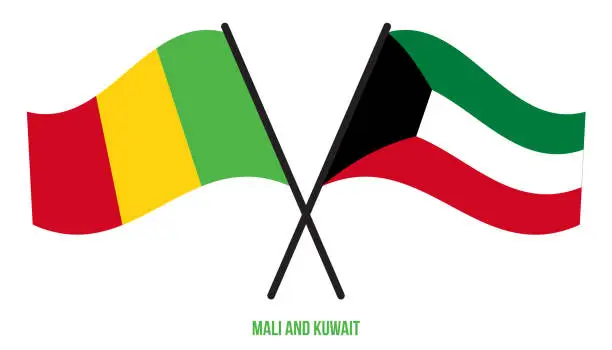 Vector illustration of Mali and Kuwait Flags Crossed And Waving Flat Style. Official Proportion. Correct Colors.