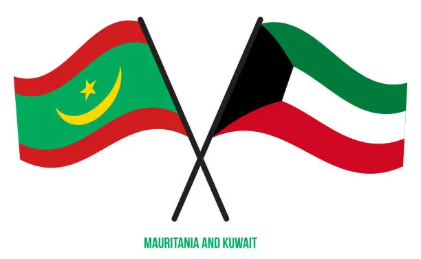 Vector illustration of Mauritania and Kuwait Flags Crossed And Waving Flat Style. Official Proportion. Correct Colors.