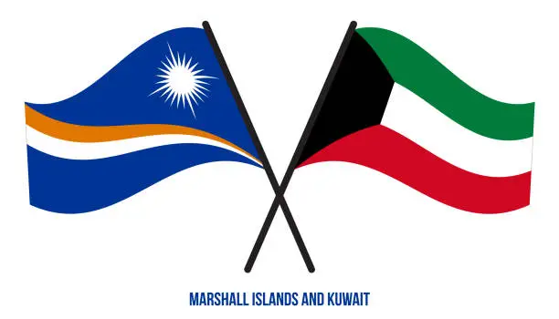 Vector illustration of Marshall Islands and Kuwait Flags Crossed & Waving Flat Style. Official Proportion. Correct Colors.