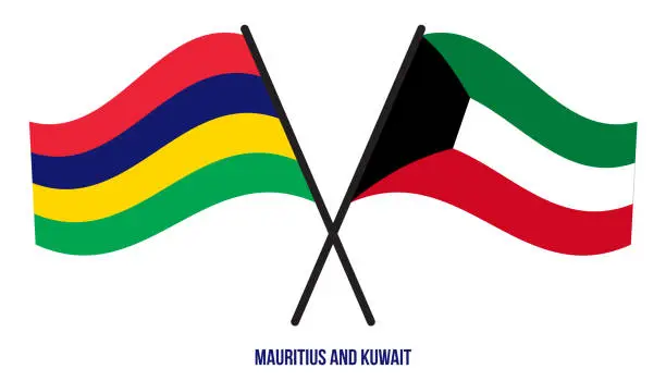 Vector illustration of Mauritius and Kuwait Flags Crossed And Waving Flat Style. Official Proportion. Correct Colors.